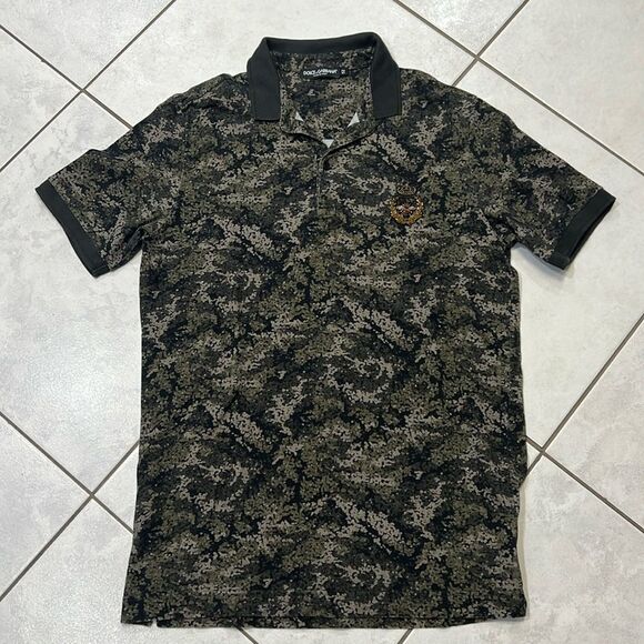 Dolce and Gabbana Polo Shirt Mens Camouflage Metal Embroidered Crown Bee - Picture 1 of 7
